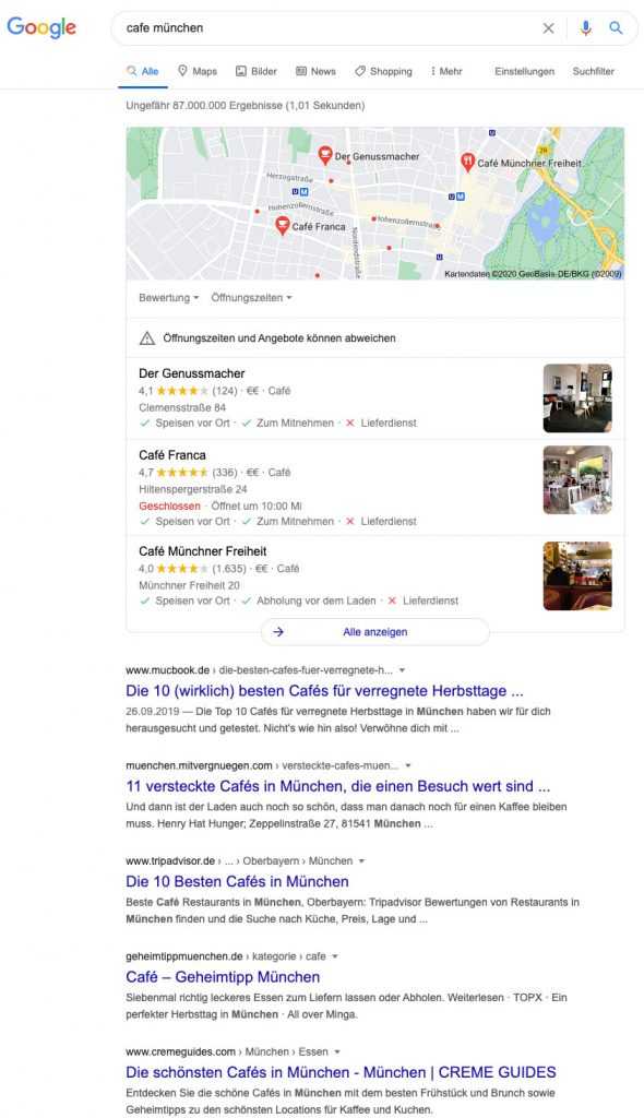 Suchergebnisseite der Suchanfrage Cafe München