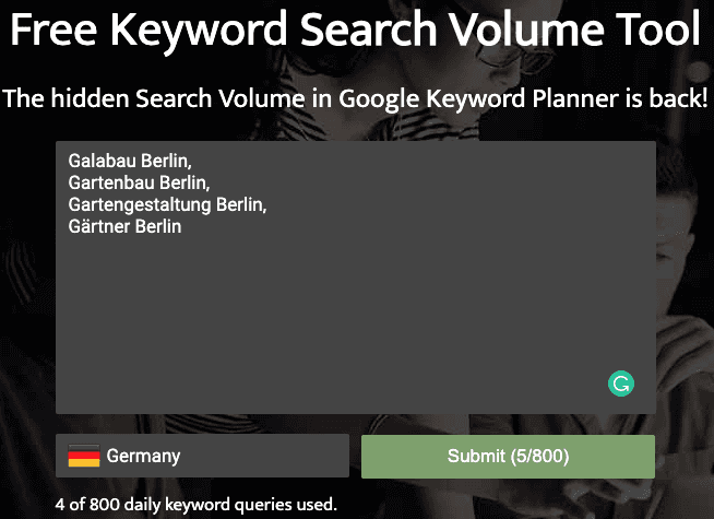 Eingabemaske von searchvolume.io